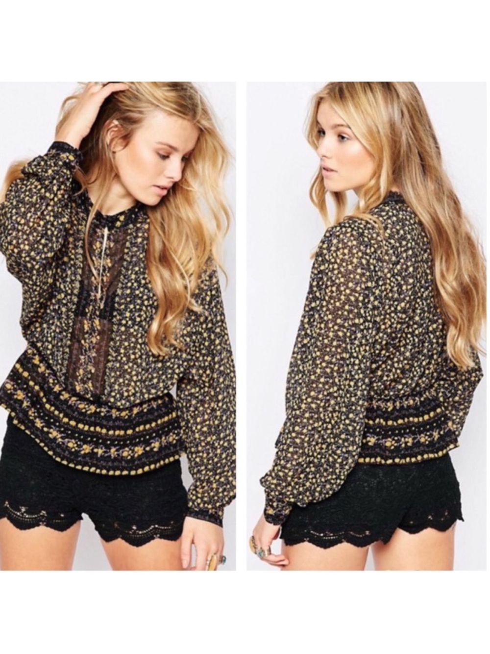 Free People If I Had you Floral Beaded Smock Waist Top Black Yellow Size Medium